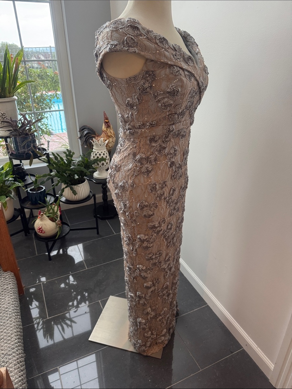 Xscape Nude-Beige Beaded Floral Maxi Dress with Front Slit - Picture 4 of 9